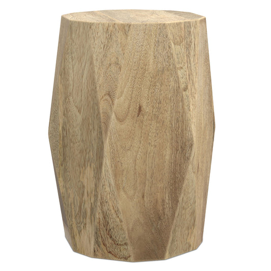 Natural wooden side table with a carved edge design. Light brown wood grain with knots visible.