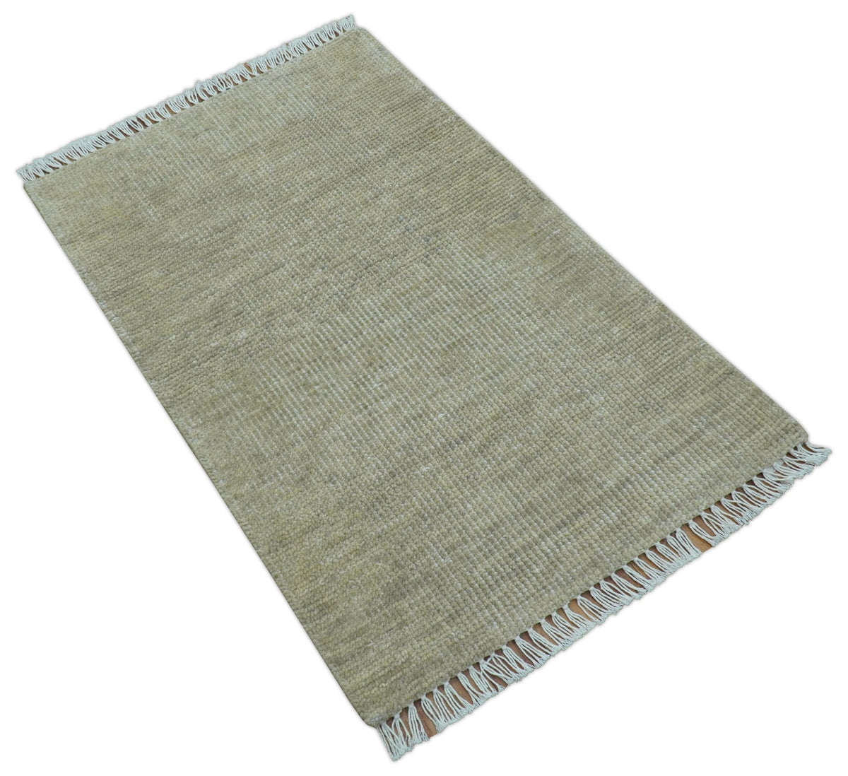 Wool Area Rug Hand-Knotted Fringed Solid, beige, view 9