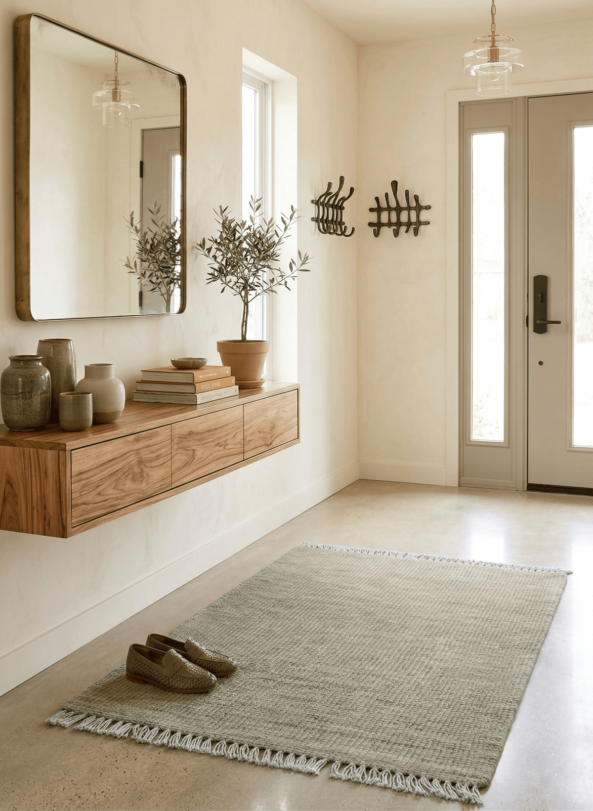 Wool Area Rug Hand-Knotted Fringed Solid, beige