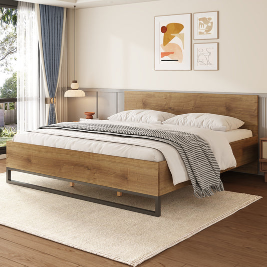 Modern wooden bed frame with king size bed in a wabi sabi style with white bedding, light wood accents, and minimal decor.