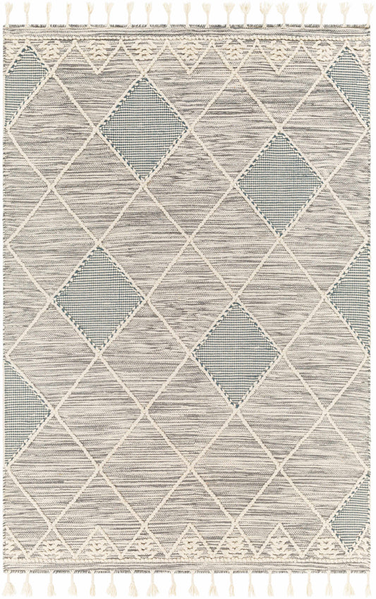 Woven rug with a geometric pattern in shades of gray and cream, featuring tassels at the edges