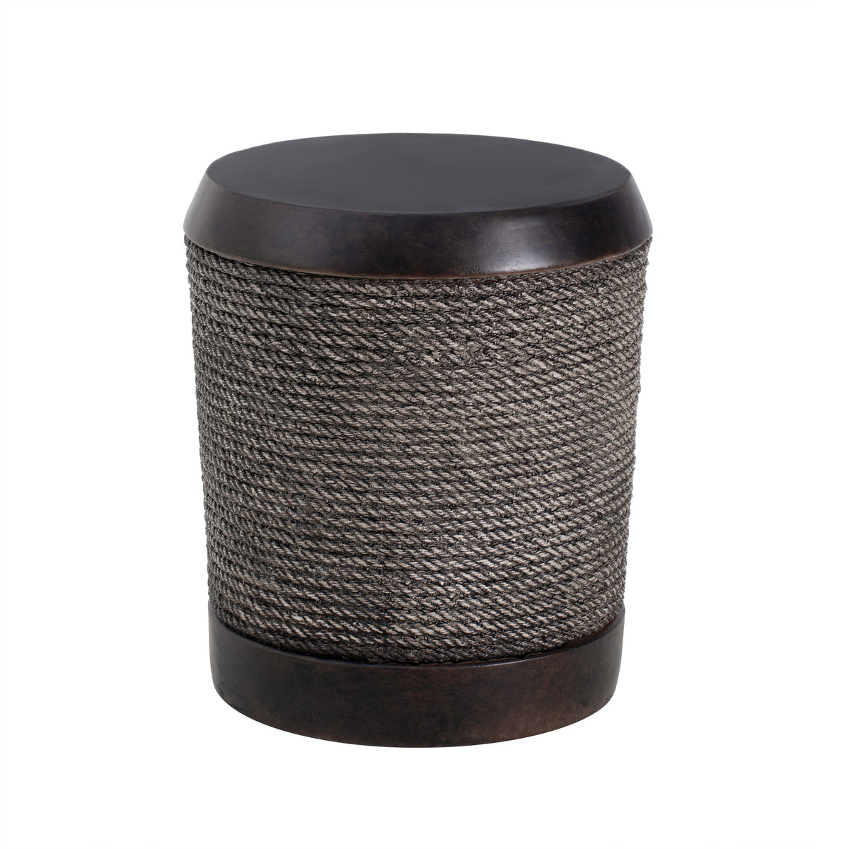 Outdoor Dark Brown Simulated Braided Cord MGO Side Table, fabric and dark wood accents, neutral tones, no background.