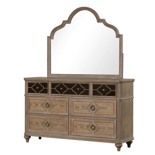 7-drawer oak dresser with dovetail drawers and arched mirror, light brown finish, white background