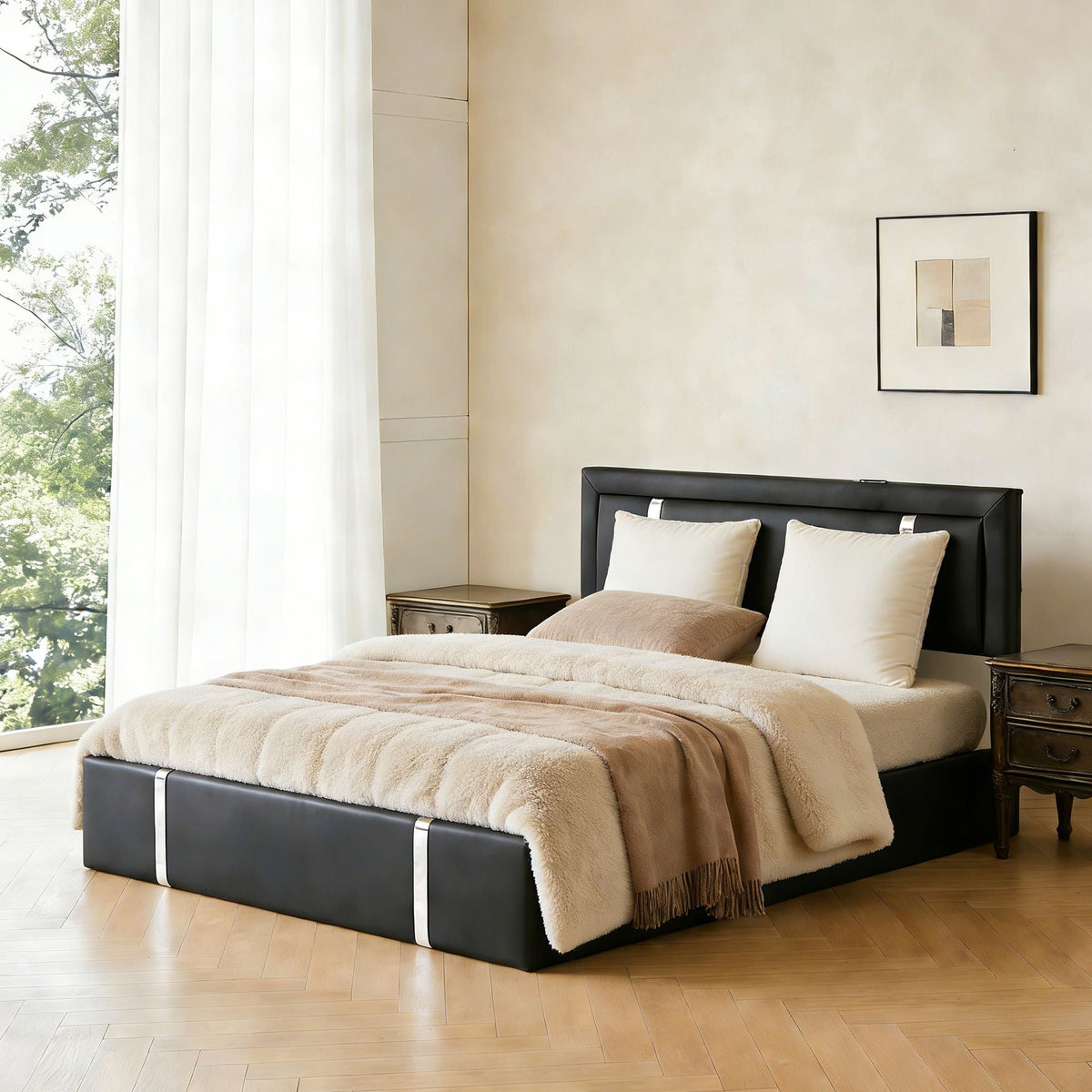 Upholstered Bed Frame with Adjustable LED Headboard