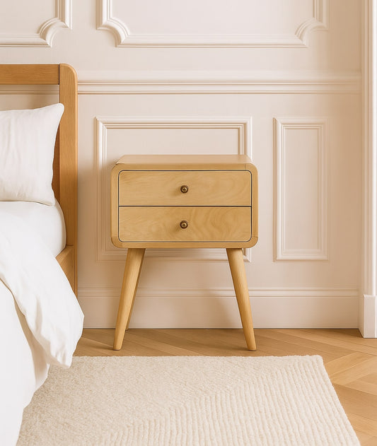 Solid wood bedside table with 2 drawers, light finish, in a minimalistic setting with bed and carpet.