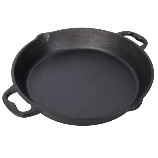 Cast iron skillet with dual handles, black surface.