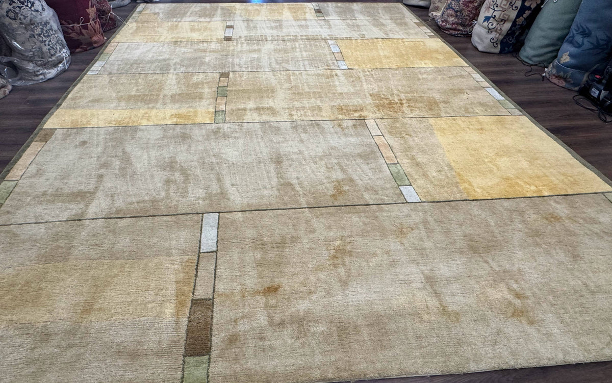 Vintage Wool Tibetan Rug Hand-Knotted Block Field, beige and soft yellow, view 2