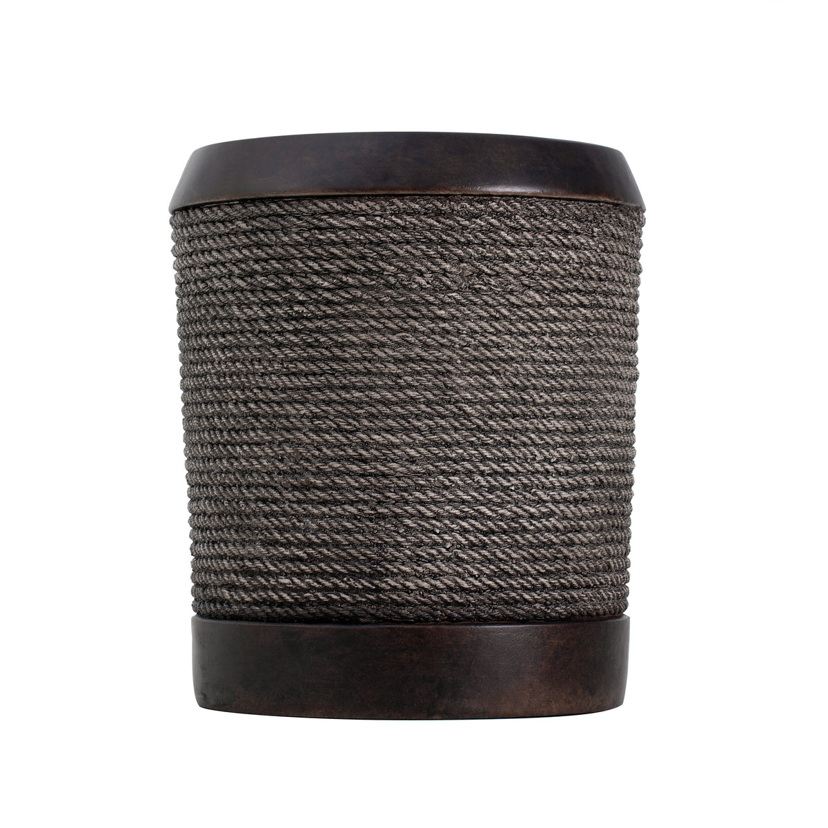 Dark brown cylinder with braided rope wrapping