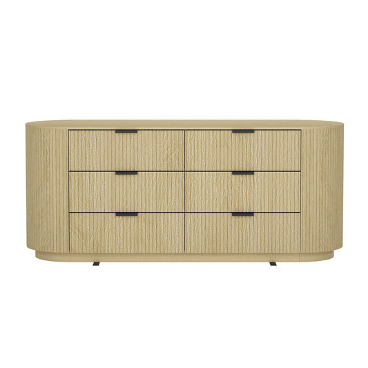 A light wood dresser with six drawers, black handles, and rounded corners. No setting shown.