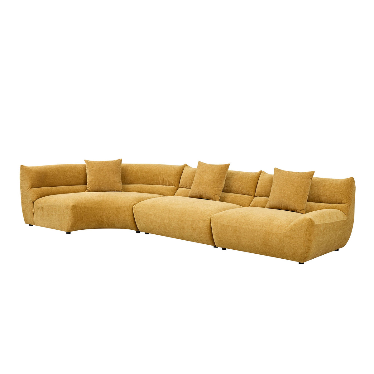 Mustard-yellow modular curved sectional sofa with soft cushions.