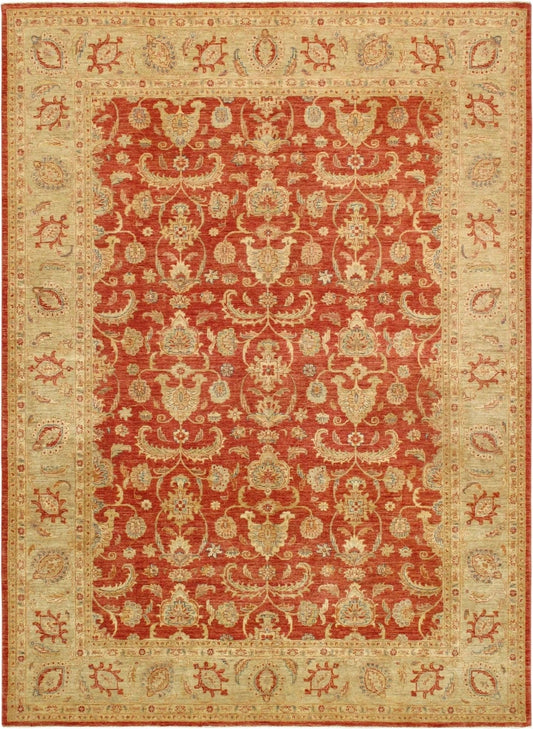 A hand-knotted wool rug with intricate floral patterns in red and cream tones. The rug appears to be of high quality with detailed craftsmanship.