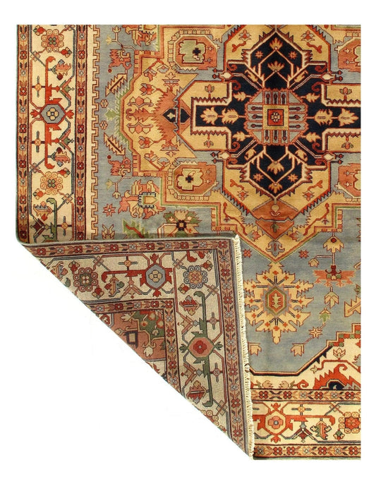 A Canvello Light Blue Serapi design rug measuring 9'3'' X 12'1''. The rug features intricate patterns and a symmetrical design