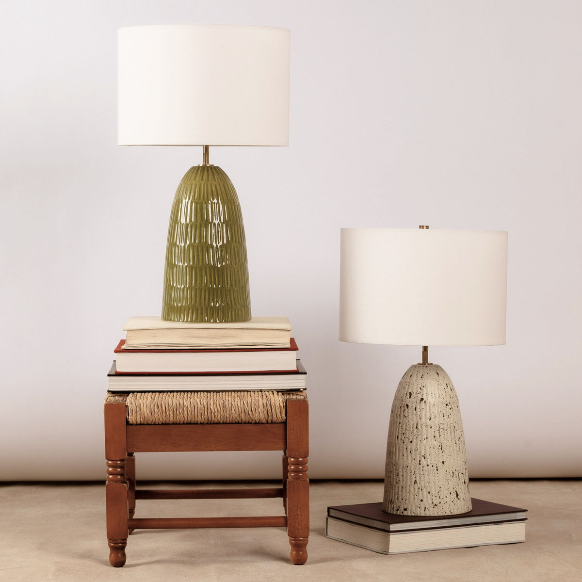 Carved Ceramic Table Lamp Linen Shade, Speckled Olive and Speckled Birch