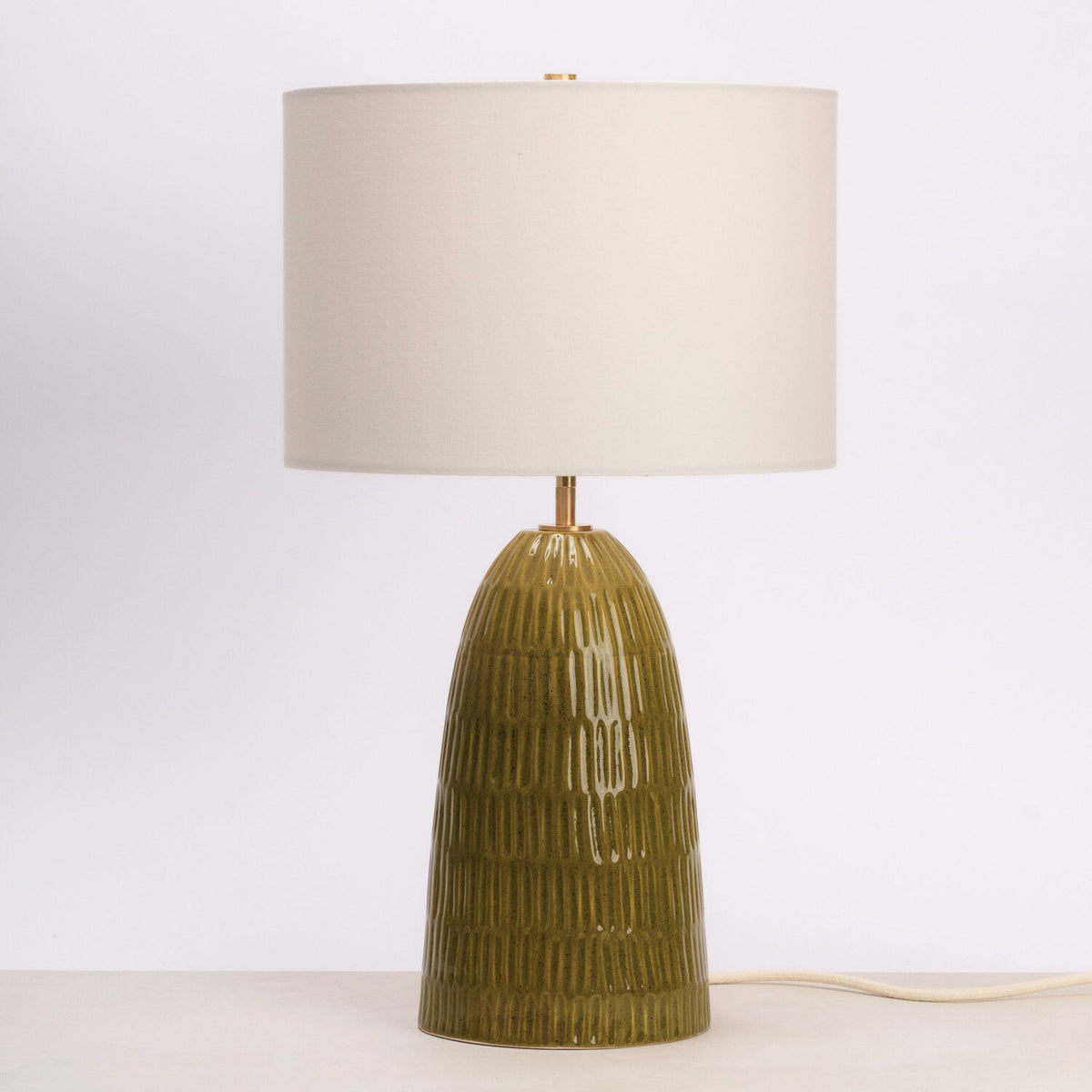 Carved Ceramic Table Lamp Linen Shade, Speckled Olive
