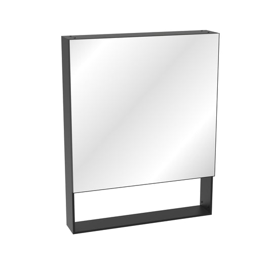 Modern medicine cabinet with mirror in dark finish against white background