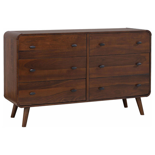 Robyn 6-drawer bedroom dresser with a dark walnut finish and metal handles, placed on a white background.
