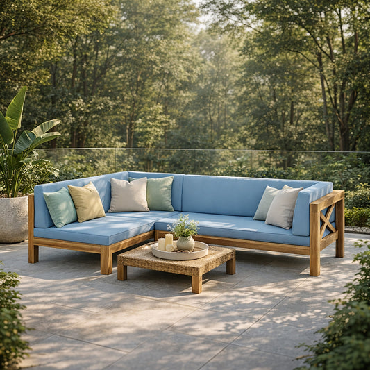 A wooden corner bench with blue cushions and green throw pillows, placed on a patio with a wooden coffee table and surrounded by greenery.
