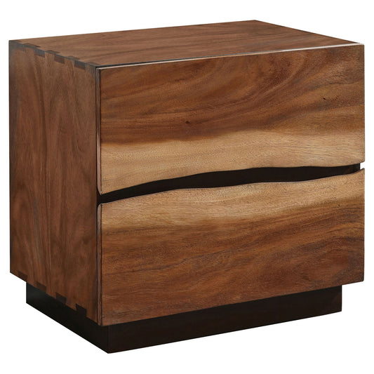 Smokey Walnut 2-drawer nightstand with visible wood grain and natural finish.