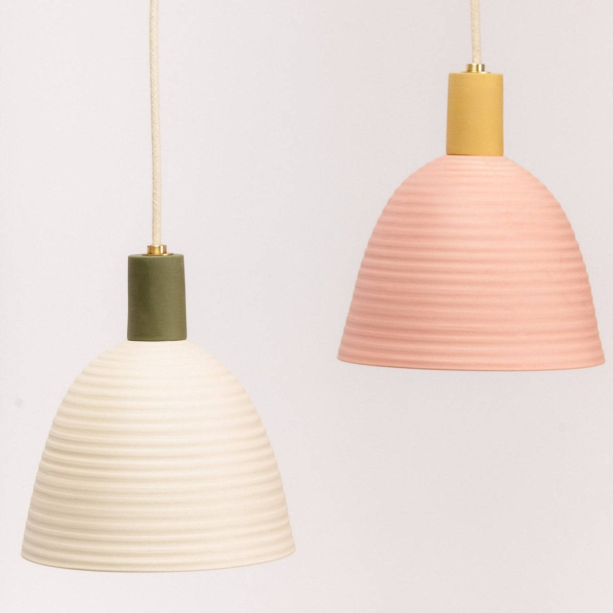 Ceramic Banded Pendant Light Contrast Neck, Bone / Moss and Petal / Pollen close up