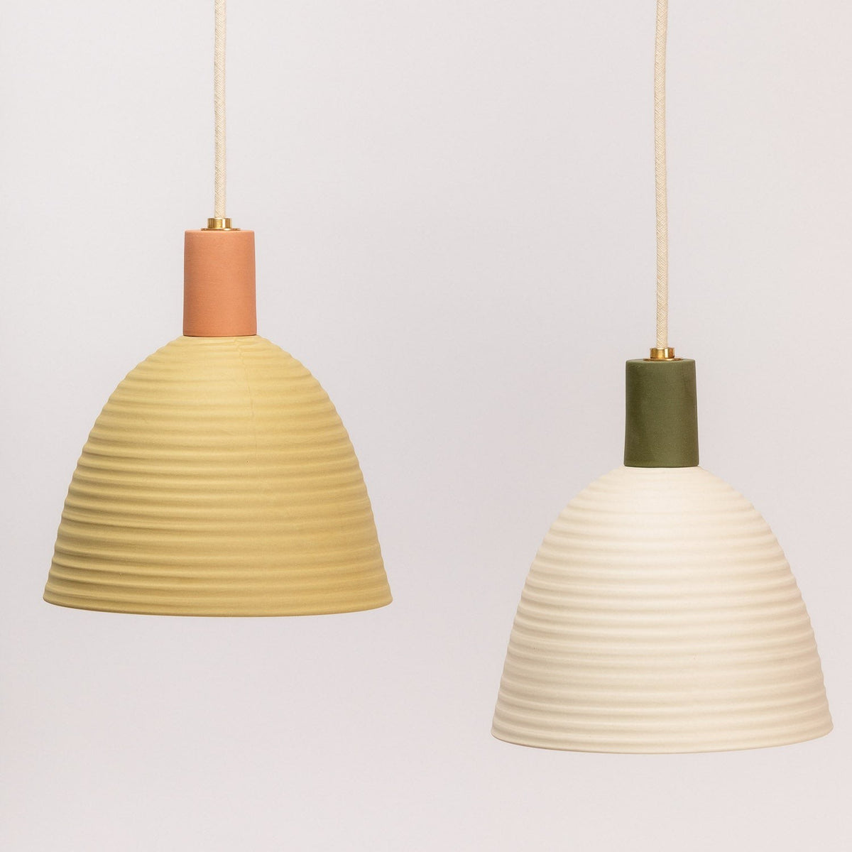Ceramic Banded Pendant Light Contrast Neck, Pollen / Canyon and Bone / Moss