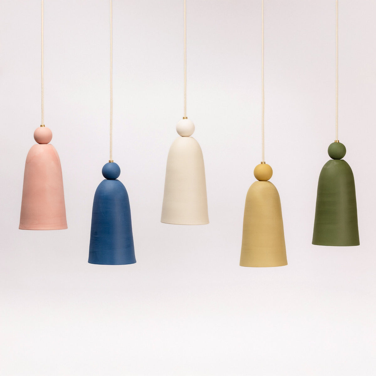 Ceramic Bell Pendant Light Sphere Top, five colours: Petal, Azure, Bone, Pollen, Moss