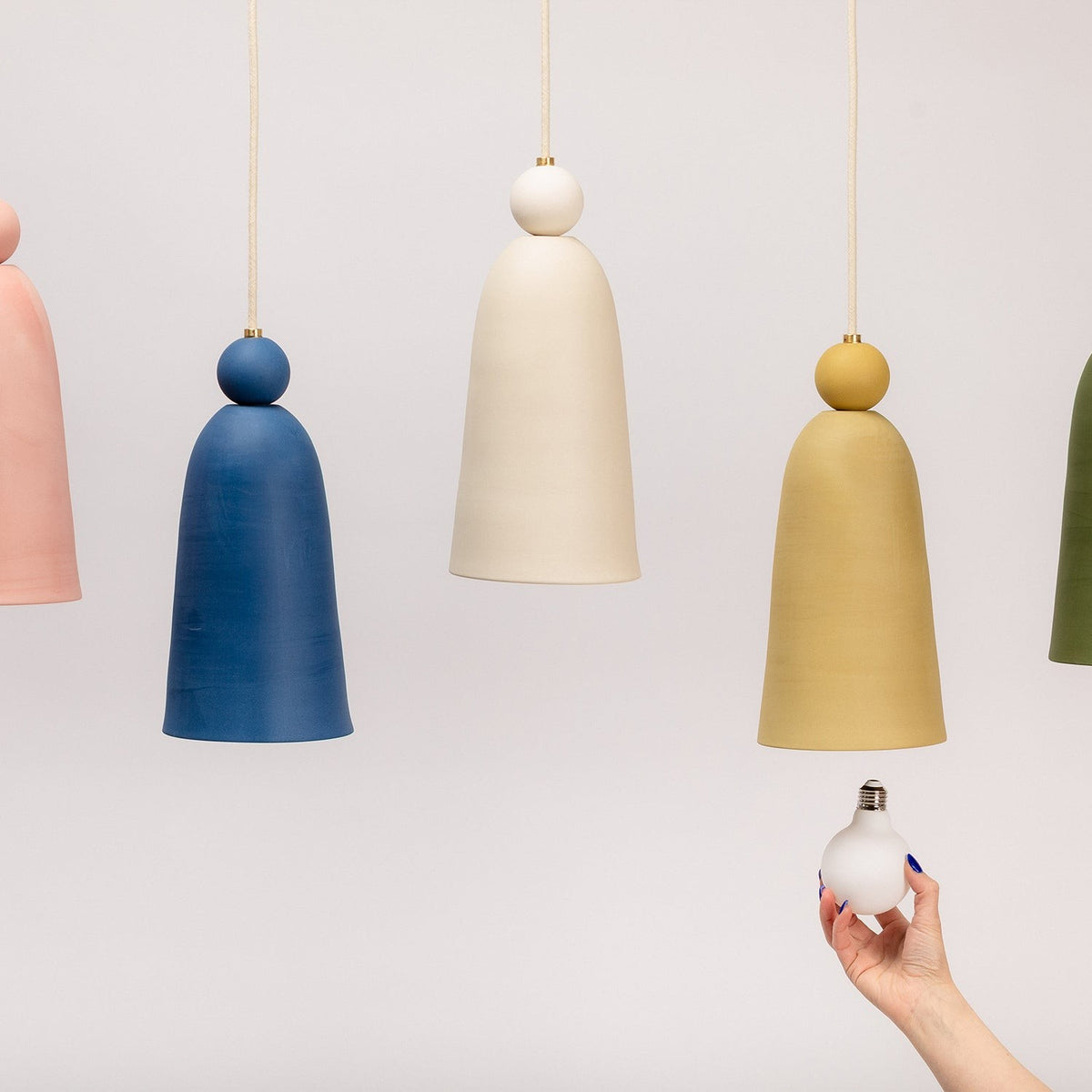 Ceramic Bell Pendant Light Sphere Top, Azure, Bone and Pollen with bulb