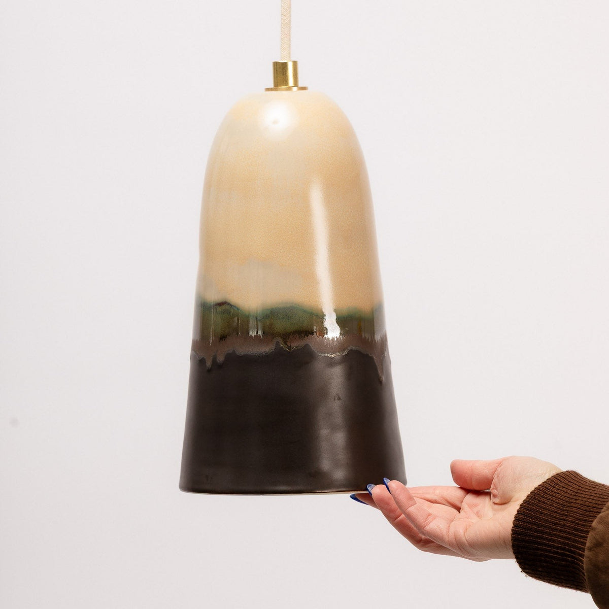 Ceramic Pendant Light Hand-Painted Horizon Glaze, held for scale