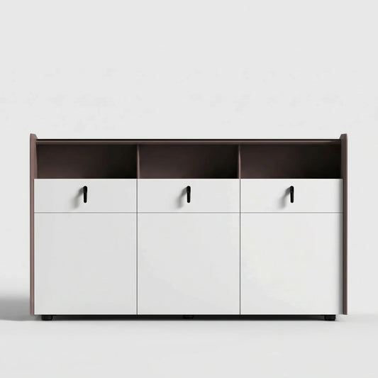 Yarrow · Office Credenza Cabinet Sideboard with white cabinets and dark wood accents shown against a plain background.