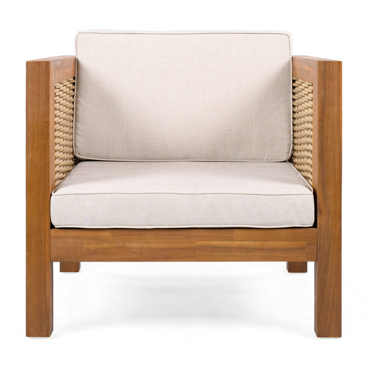 Outdoor Club Chair With Wooden Frame and Beige Cushion