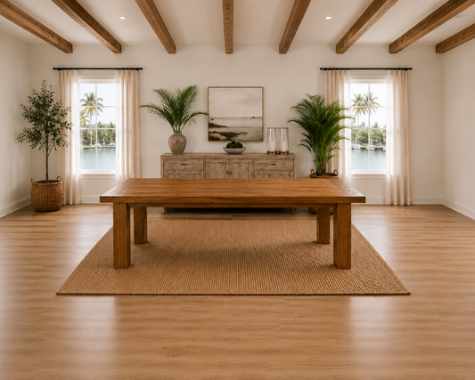 Recycled teak dining table 79 x 36, supplier photo