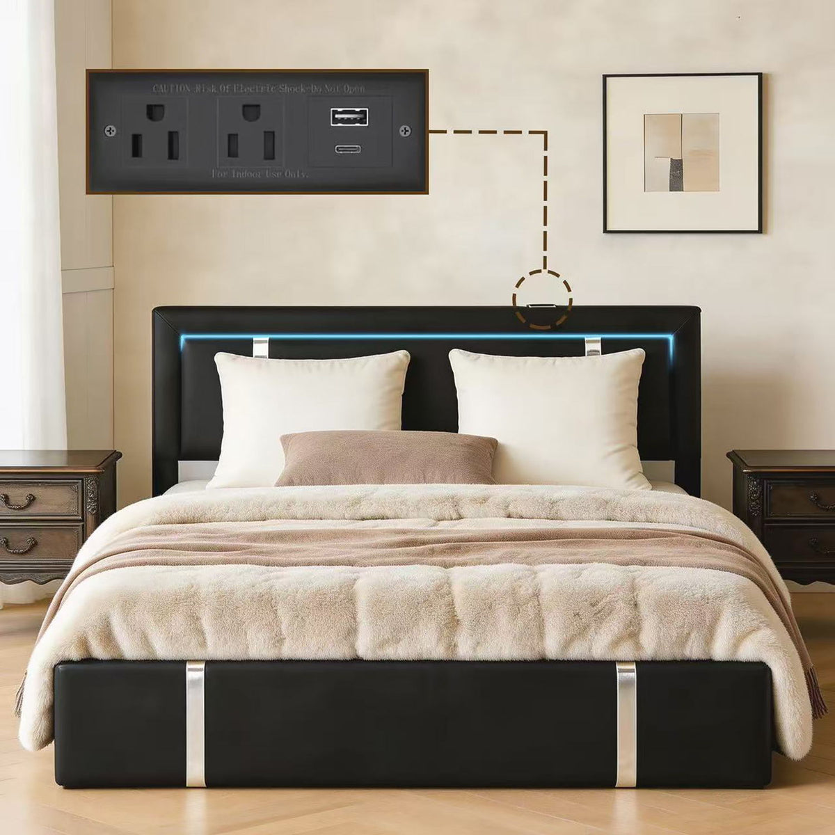 Upholstered Bed Frame with Adjustable LED Headboard