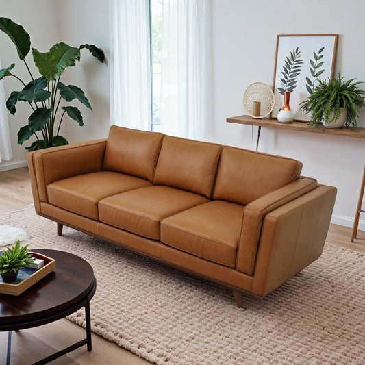 A tan leather sofa in a room with a rug, coffee table, and plants。