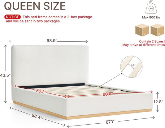 Queen Size Upholstered Platform Bed Frame with dimensions and specifications.