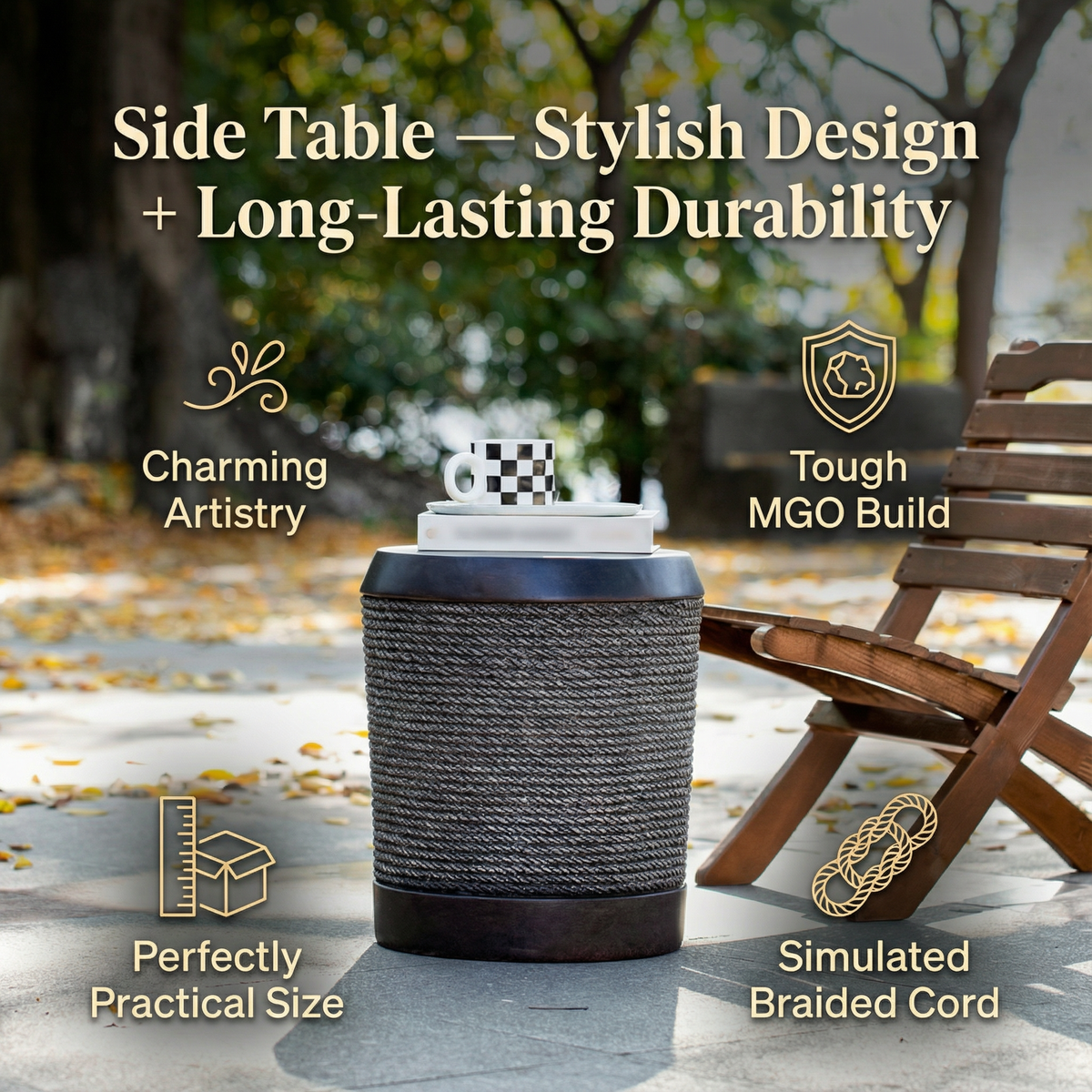 OutdoorDarkBrownSimulatedBraidedCordMGOSideTablewithVintageTrim