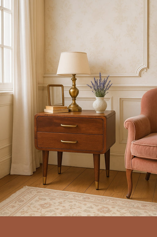 Solid wood Astor 2-drawer nightstand with brass handles and drawer. Lamp and flowers on top, pink chair in corner, patterned rug, light wall backdrop.
