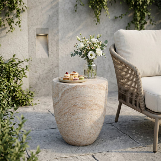 Outdoor/Indoor Lightweight Concrete Side Table - Travertine Tapered Barrel with a cake stand and vase of flowers on a patio