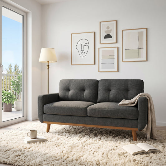 Dark gray sofa with wooden legs, fluffy white rug, indoor plants, modern artwork, natural light from sliding glass door, simple interior design.