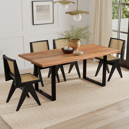 ```json
{"alt":"Fieldcrest Dining Table with wooden top and black metal legs, set on a beige rug in a clean, light-filled room with chairs and plants, shows_pro