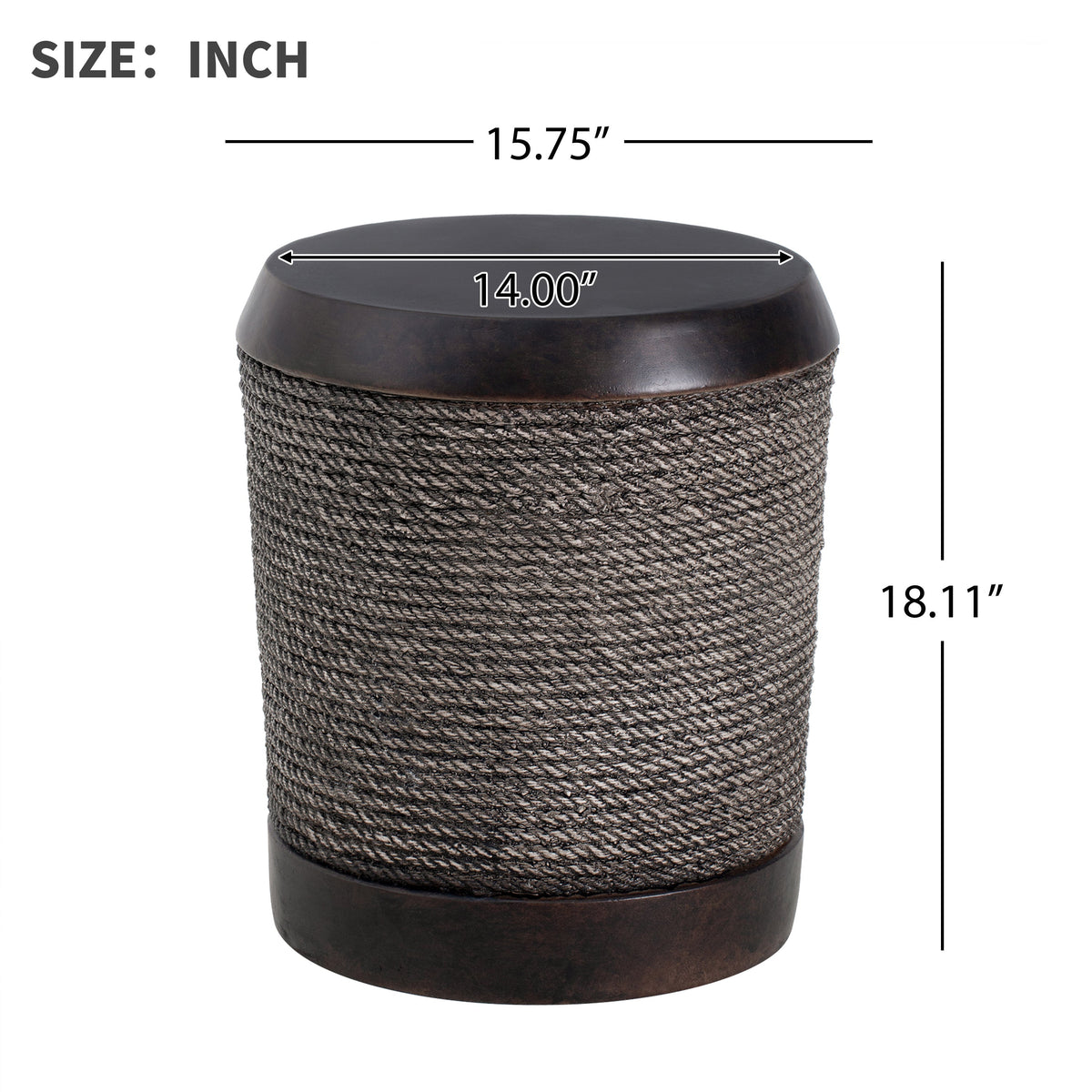 A dark brown outdoor side table with braided cord wrapping and vintage trim dimensions labeled below.