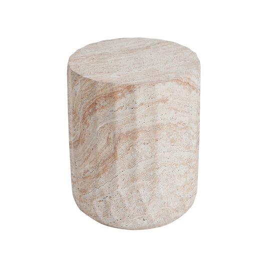 Cylindrical concrete side table in beige travertine finish