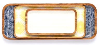 Mango wood nesting tray set of 3 with sunburst and zebra print on white background