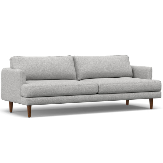 Livingston 90" Sofa - Mist, light gray fabric, dark wooden legs.