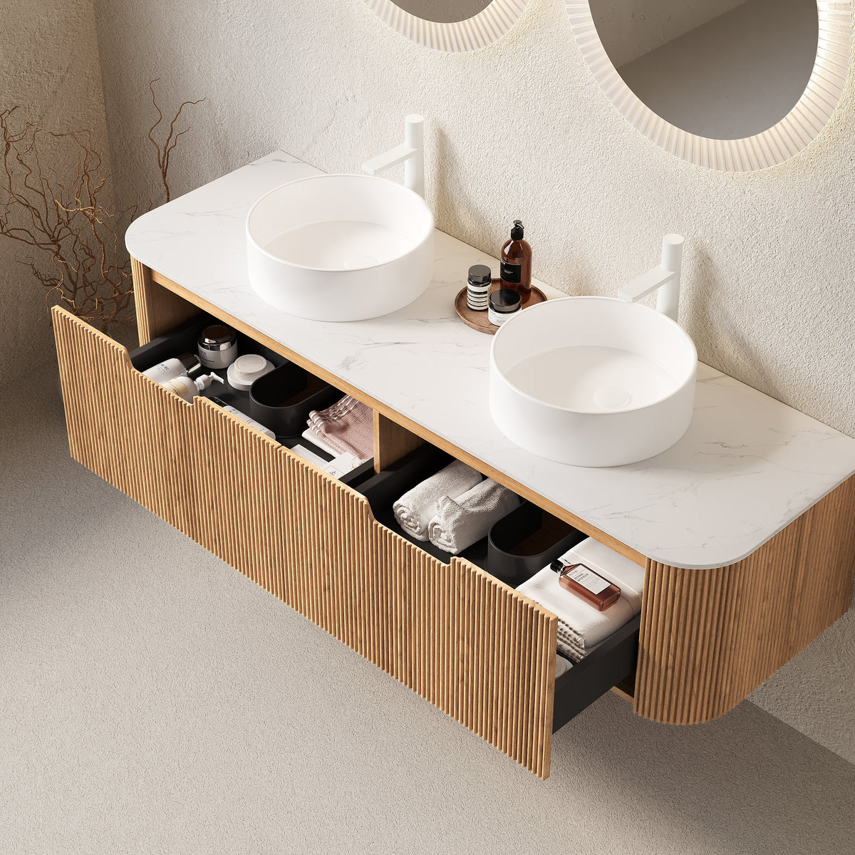 DINA 60" Bathroom Vanity & Sinks - Natural Wood, Sintered Stone Top