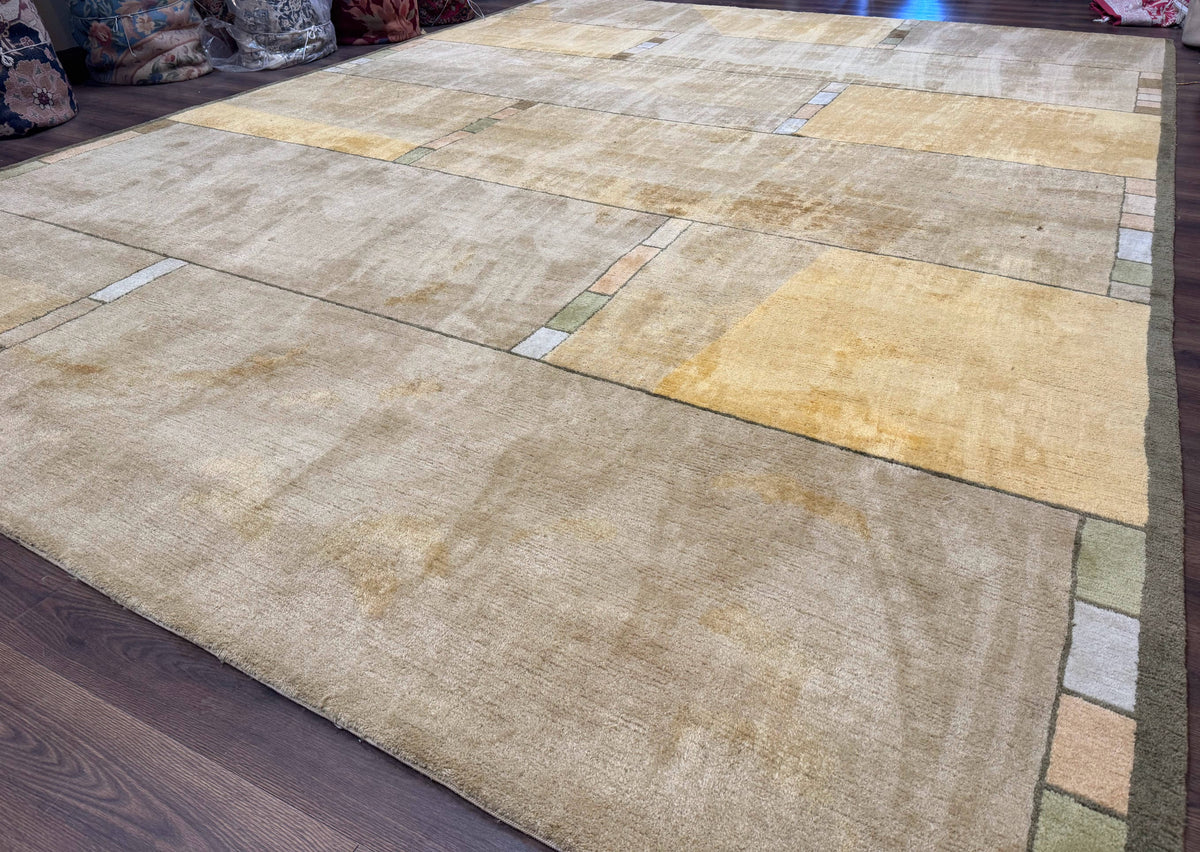 Vintage Wool Tibetan Rug Hand-Knotted Block Field, beige and soft yellow, view 3