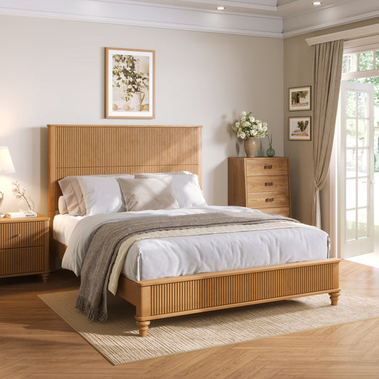 Solid wood bed frame with tall headboard, light oak finish, light beige bedding, carpeted floor, muted beige walls.