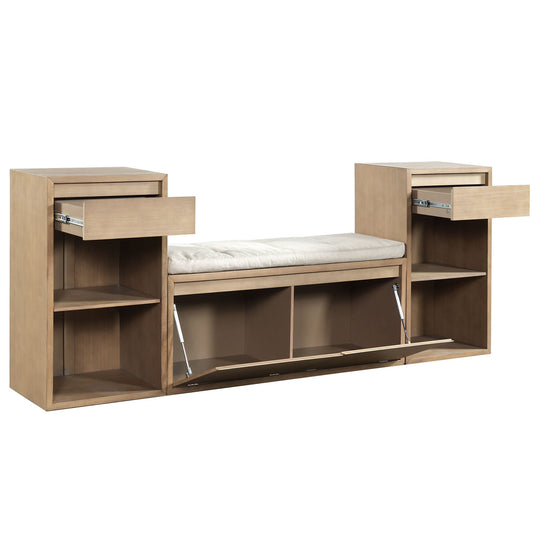 Wooden storage bench with cushioned seat, open shelves, and drawers, light wood finish, neutral setting