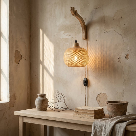 Wooden wall hanging lamp with woven bamboo shade, illuminated, hanging above a rustic table with a vase, twigs, and old books, set against a textured wall with natural light from a window