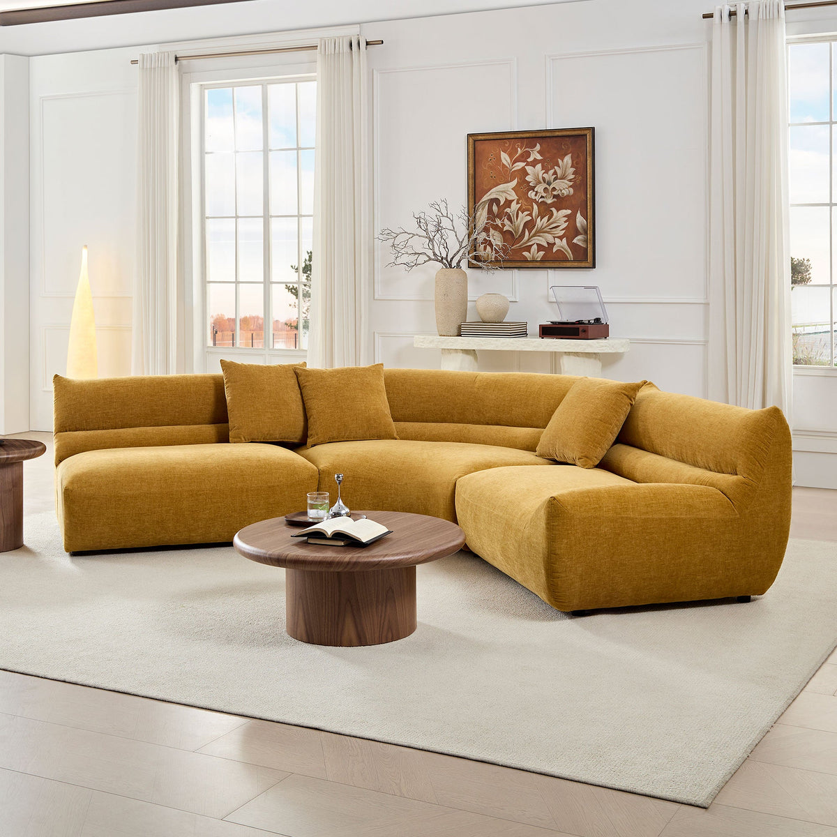 Golden yellow modular sectional sofa in a modern room setting.