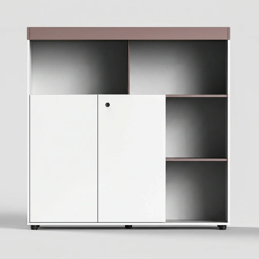 Two-part cabinet with upper sliding doors and lower shelves, painted light brown and white.
