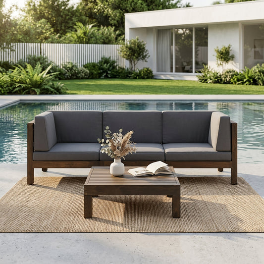 Oana 4-Piece Sofa Set with Coffee Table, Outdoor, Wood frame, dark gray cushions, on rug near poolside.